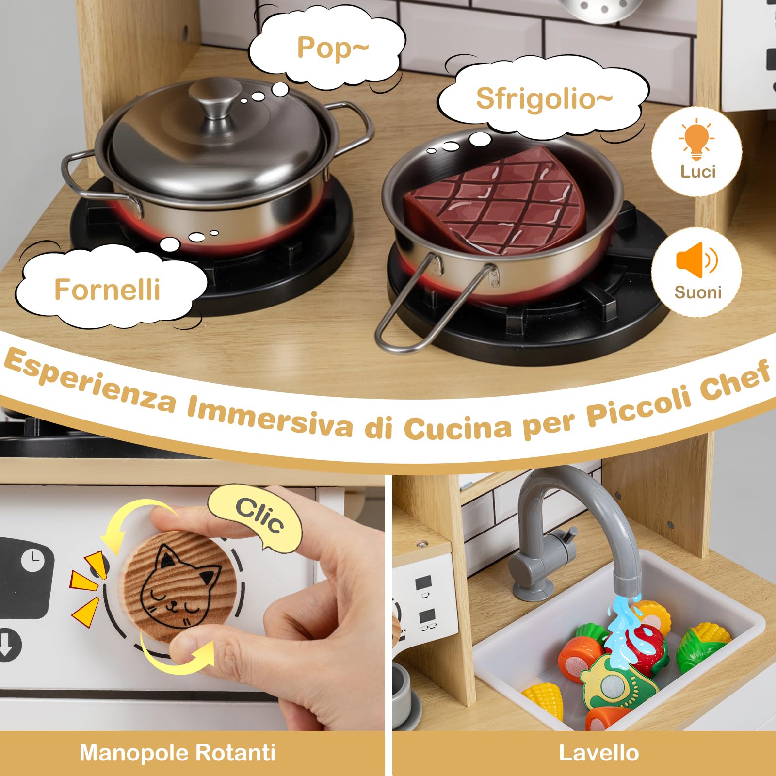 COSTWAY Cucina Giocattolo per Bambini, Cucinetta in Legno con Suoni e Luci, Fornello, Lavandino, Macchina del Caffè, Gioco Cucina di Ruolo per Bambini 3+ Anni (Naturale)