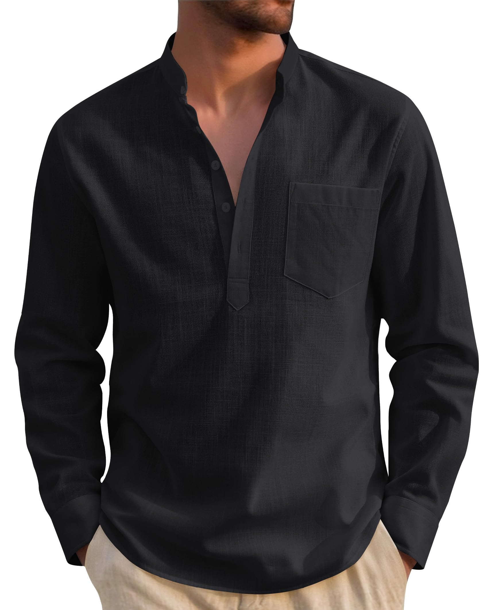 J.VER Hemd Herren Baumwolle leinenhemd Henley Shirt Langarm in Regular Fit Atmungsaktives Freizeithemd mit Tasche für Sommer und Urlaub