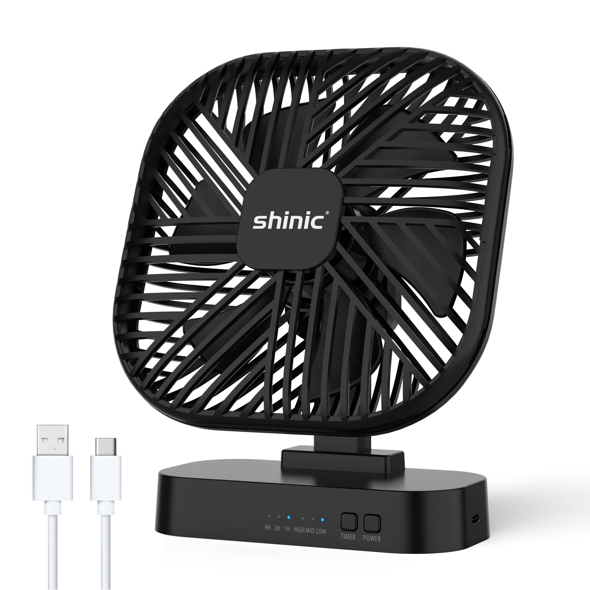 shinic 5 Inch Desk Fan AA Battery Operated, Table Fan with Timer, 6-Blade Design, 3 Speeds, Extra Quiet, Adjustable Angle,Small Table Fan for Bedroom, Outdoor Office Desk (without Batteries) Black