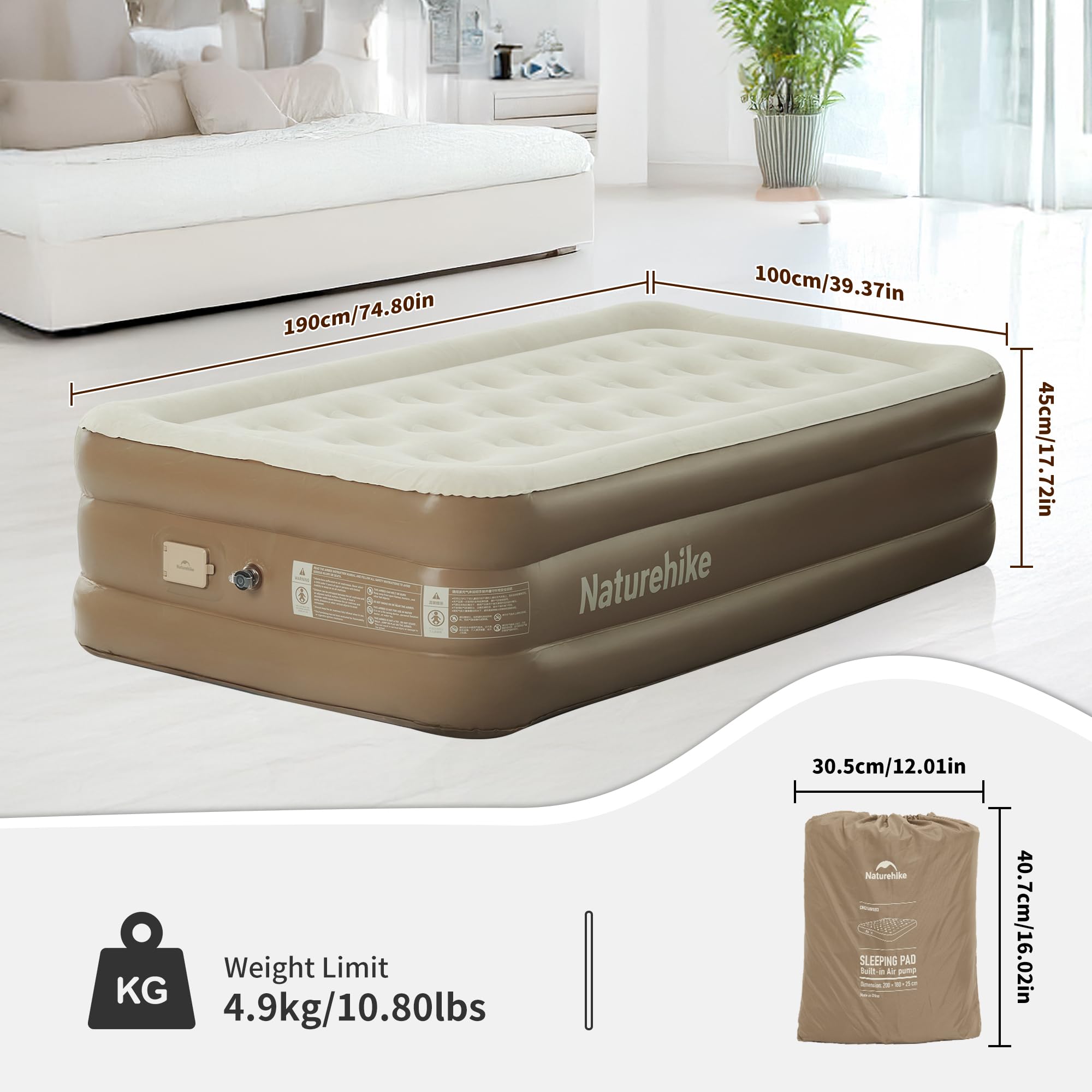 Naturehike Luftmatratze 1 Personen, Selbstaufblasend mit integrierter Akkupumpe, Aufblasbares Gästebett 45 cm Höhe, Bequem & Leicht, Für Camping, Outdoor und Zuhause