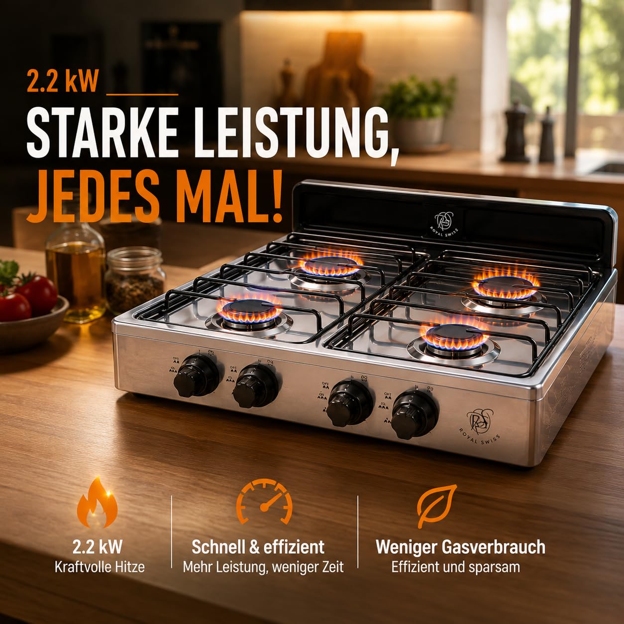 Royal Swiss 4-flammiger Gasherd AOTE-6004, LPG Kochfeld mit Aluminium-Druckgussbrennern, Tragbarer Gaskocher für Butan Propan, Metallgehäuse, Zündung, Camping Garten Balkon