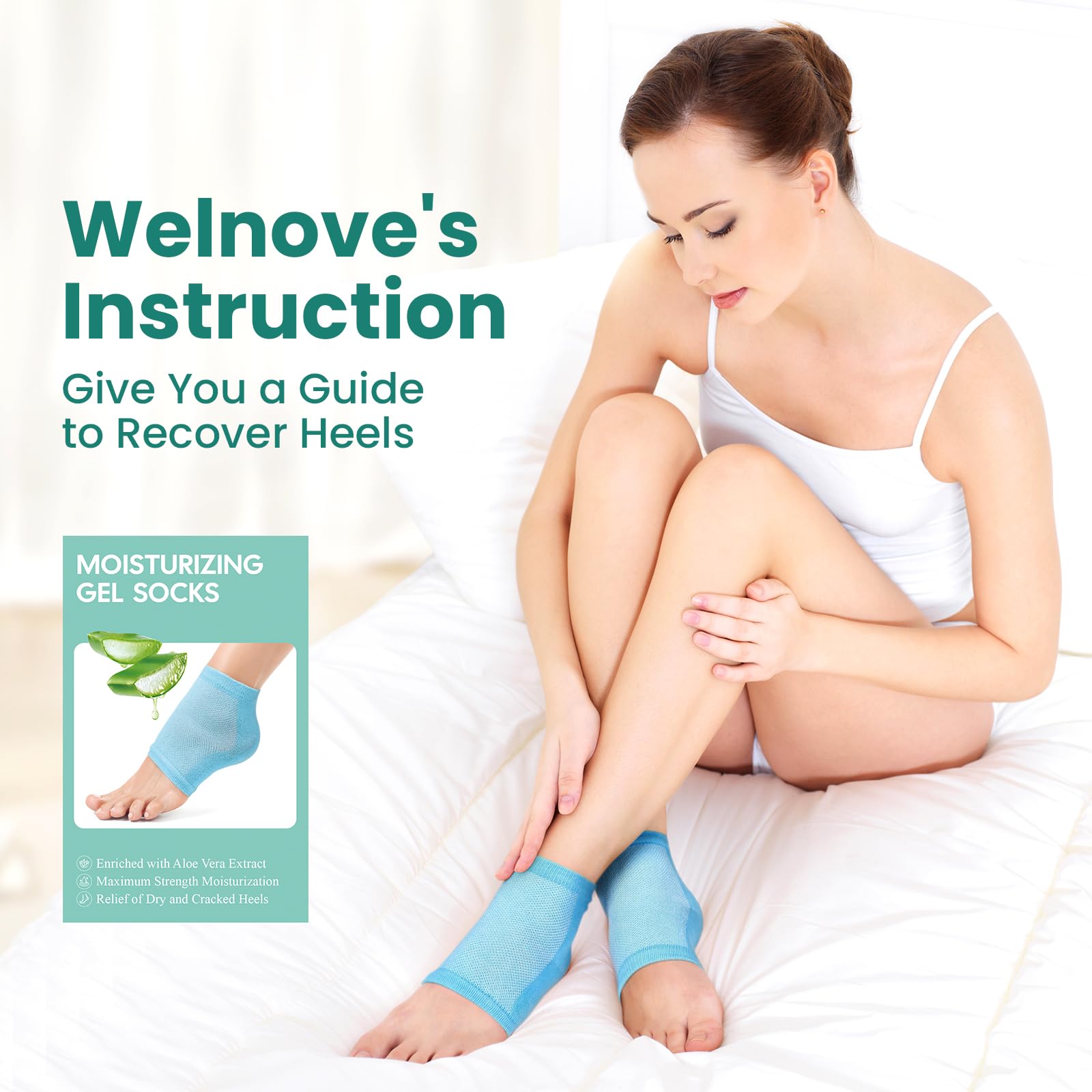 Welnove Lot de 2 paires de chaussettes hydratantes à talon Extrait d'aloe vera Doublure en gel pour pieds secs Traitement de réparation du talon fissuré