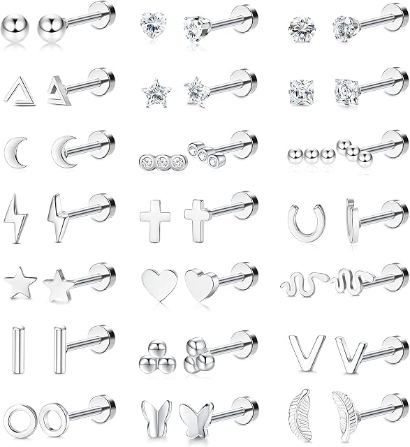 MILACOLATO 21Pairs Stainless Steel Tiny Stud Earrings for Women Men Star Triangle Moon Heart Ball CZ Stud Earrings Cartilage Helix Tragus Stud Earrings Flatback Studs Earrings Piercing Set