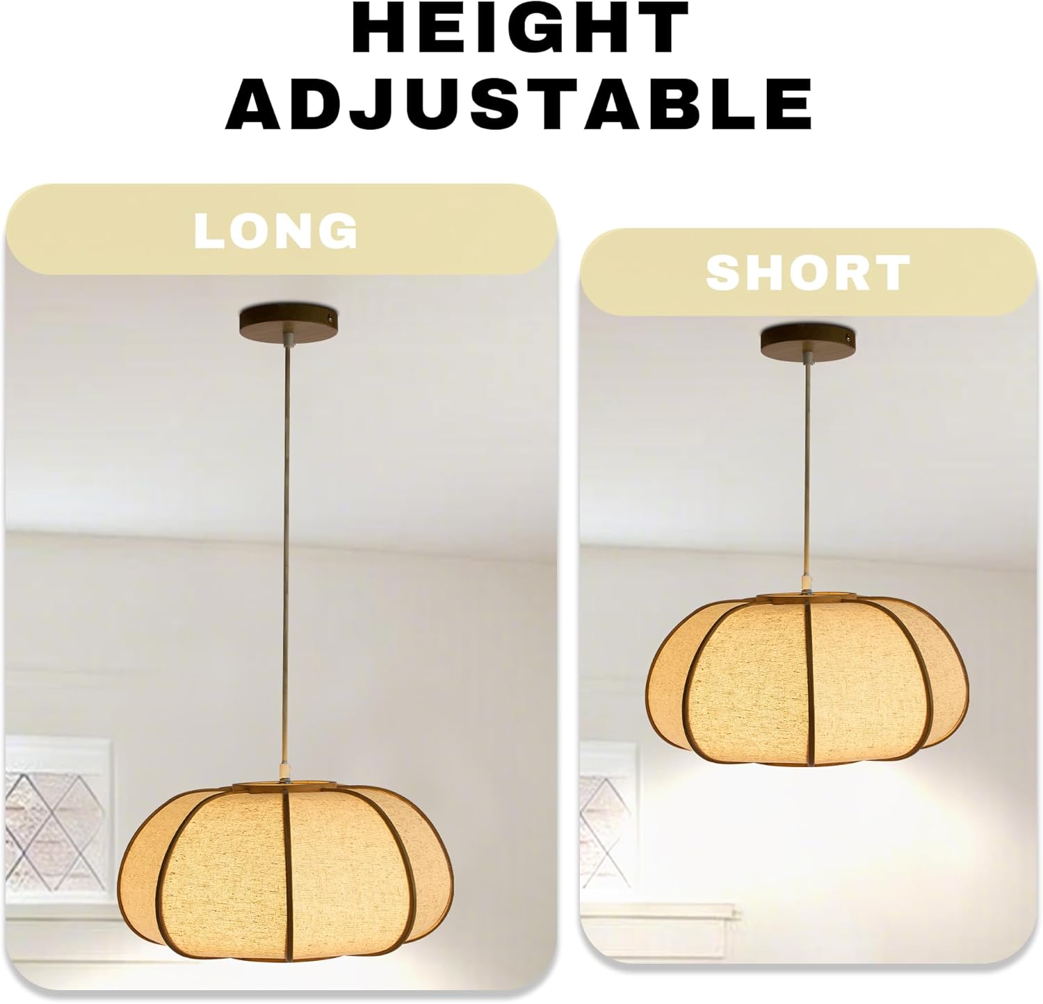 15" Bamboo Pumpkin Pendant Light, Adjustable 71" Hanging Lamp with Boho Japandi Fabric Shade, Ceiling Light for Dining Room, Kitchen, Bedroom, E26 Base (Nature Color)