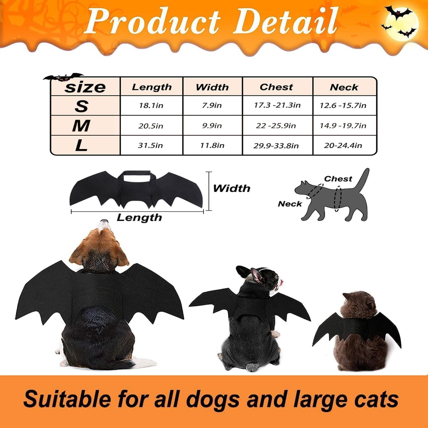 Halloween Cane Gatto per Animale, Cane Gatto Ali per Animali Domestici,Con Zucca Bells, Halloween Ali Di Pipistrello Da Compagnia,Domestici da Cosplay Costumi da Cani Gatti- Taglia M