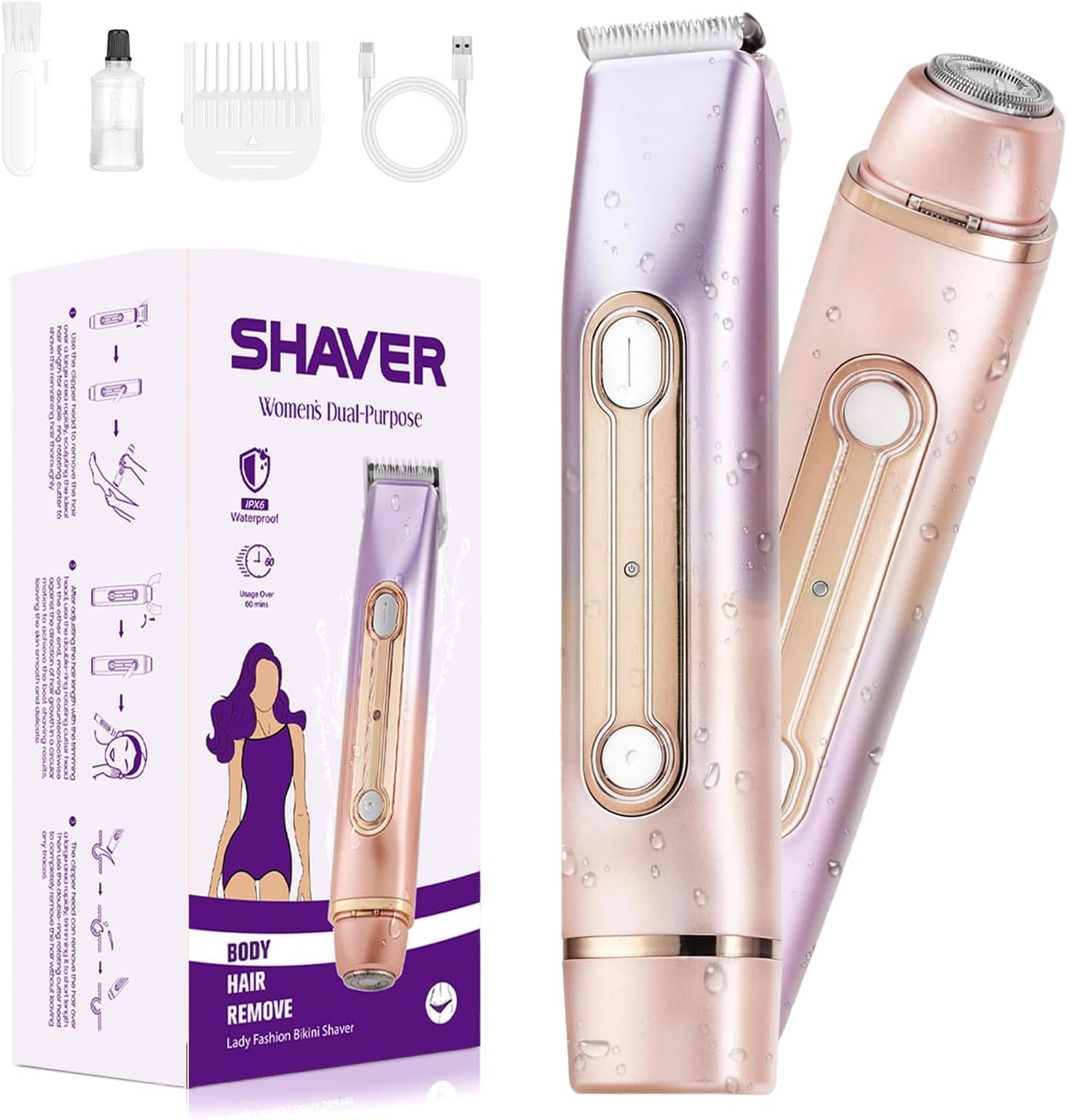 Bikini Trimmer for Women, 2-in-1 Waterproof & Cordless Dual Head Electric Razors, Painless Electric Shaver for Women, Wet/Dry Lady Shaver for Bikini Line, Face, Underarm & Legs,Purple2