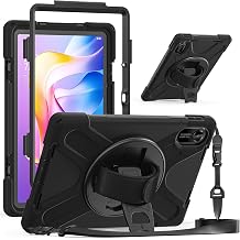 Rugged 3-Layer Protective Case Compatible with Xiaomi Redmi Pad 2 11 inch 2025 with Screen Protector, 360 Rotating Stand, Shoulder Strap & Wrist Strap Black