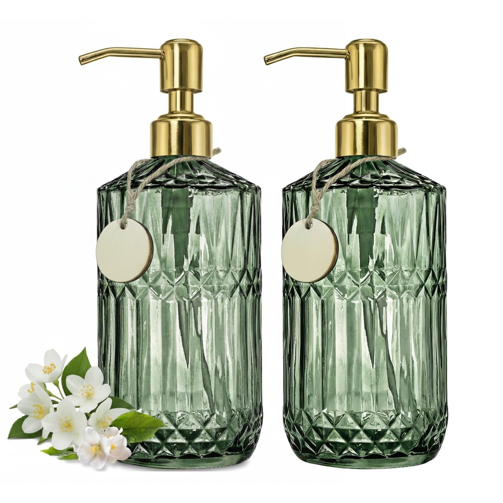 Sylona Green 2 Pack Gem Patterned Glass Soap Dispenser Bottle With Pump, 18Oz Refillable Liquid Hand Jar Dispenser For Bathroom, Countertop, Kitchen, Laundry Room (Green)