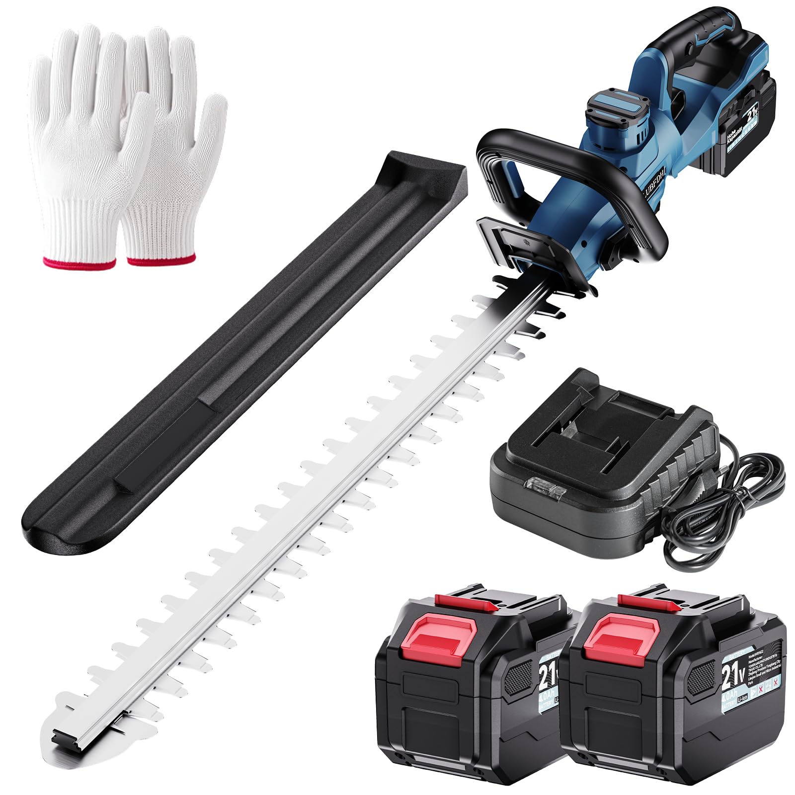 Akku Heckenschere Bürstenlos,Elektrische Heckenschere mit 2X 4,0Ah Akku und Ladegerät,1200W Bürstenloser Motor 52cm Schnittlänge 180° Einstellbarer Messerkopf, 14mm Schnittbreite für Gartenpflege