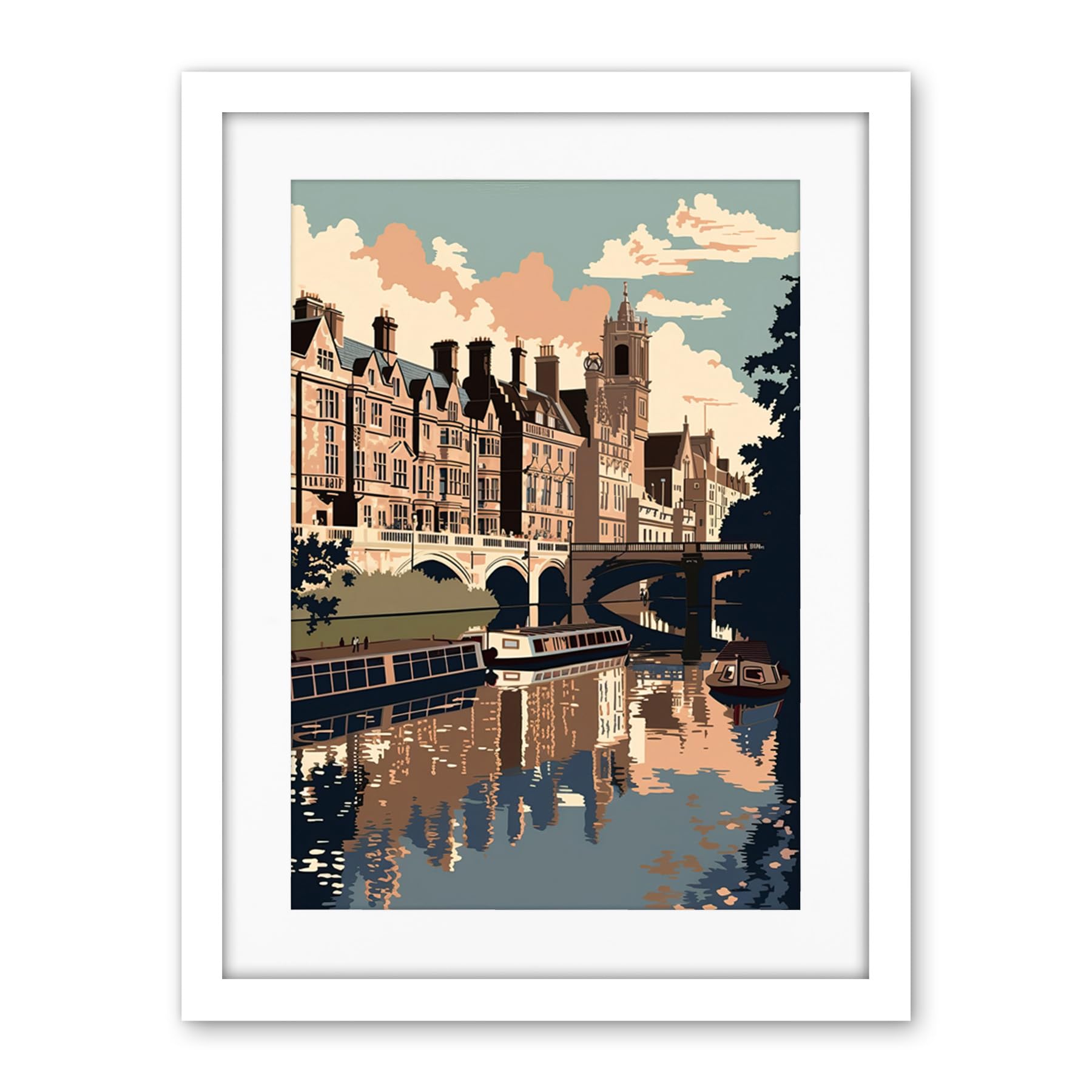 Artery8 River Cam and University of Cambridge Buildings Artwork Framed Wall Art Print 18X24 Inch