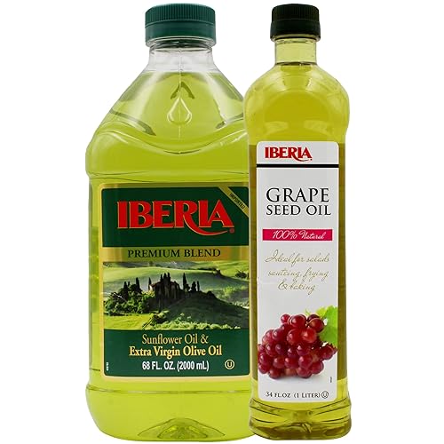 Iberia Mezcla de aceite de oliva virgen extra y aceite de girasol, 68 fl oz + aceite de semilla de uva 100% natural, 34 fl oz