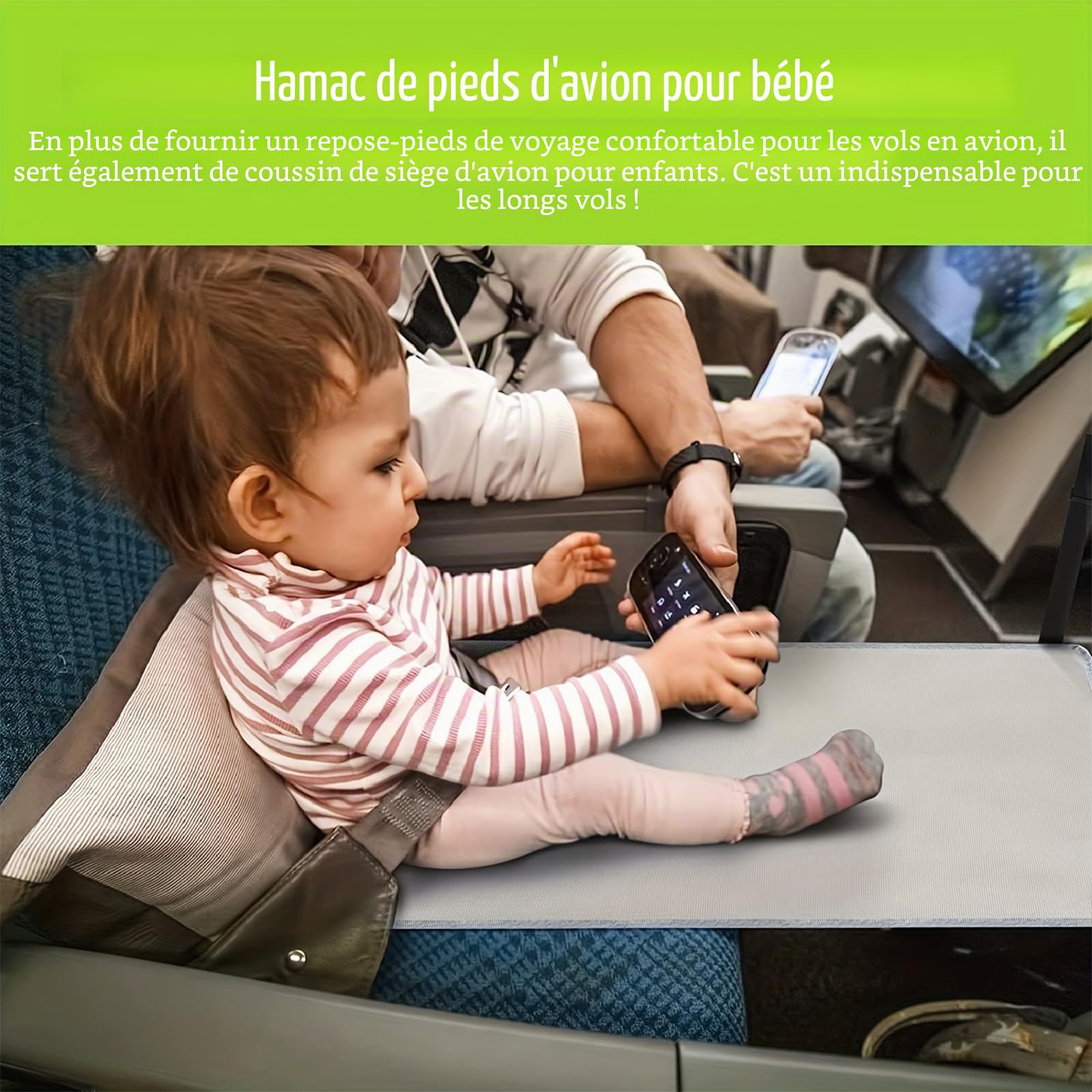 Qivine Extension de Siège d'Avion pour Enfant - Lit de Voyage Portable avec Sac de Rangement, Accessoires de Voyage en Avion (Gris)