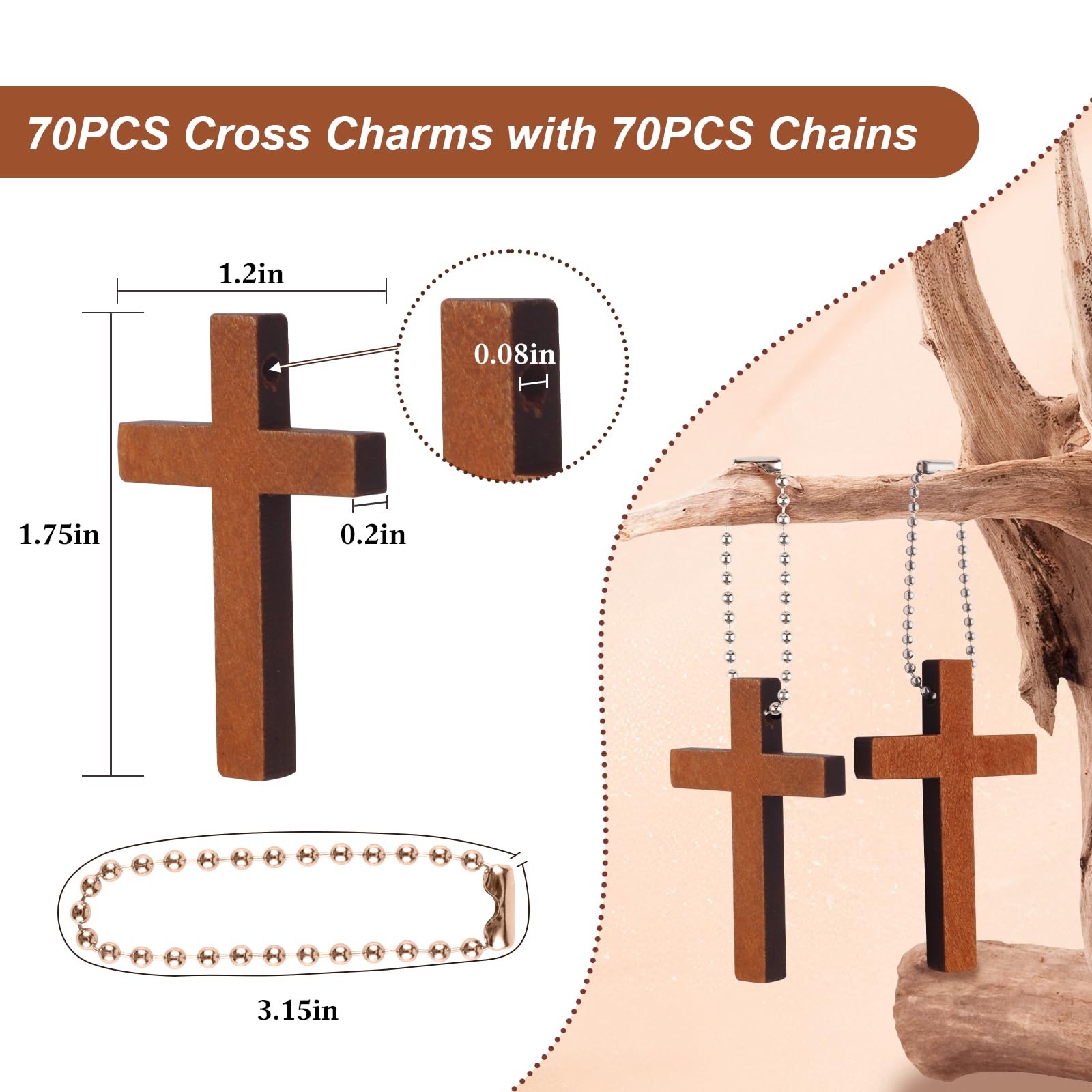 Gtudkae 1 Box Wooden Pocket Cross Contains 70 Cross Charms and 70 Chains, Pure Natural Wooden Crosses Pendants for Church Praying,Easter, Christian Gifts, Crafts for DIY Jewelry, Keychains - Image 2