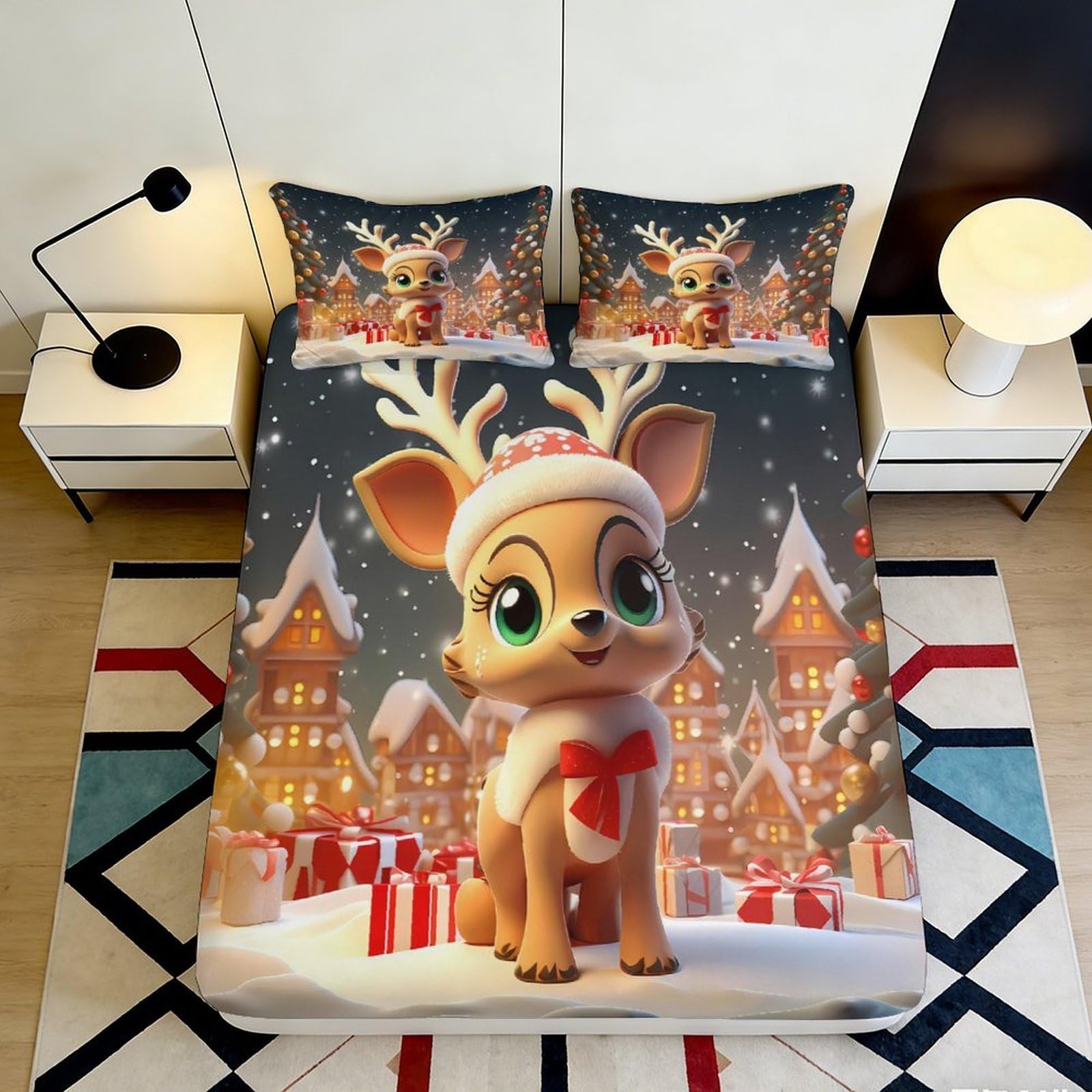 3D Printed Christmas Reindeer Fitted Sheet Microfiber Soft Bed Cover Snowy Village Print for Bedroom Dorm Decor 90x200x25cm