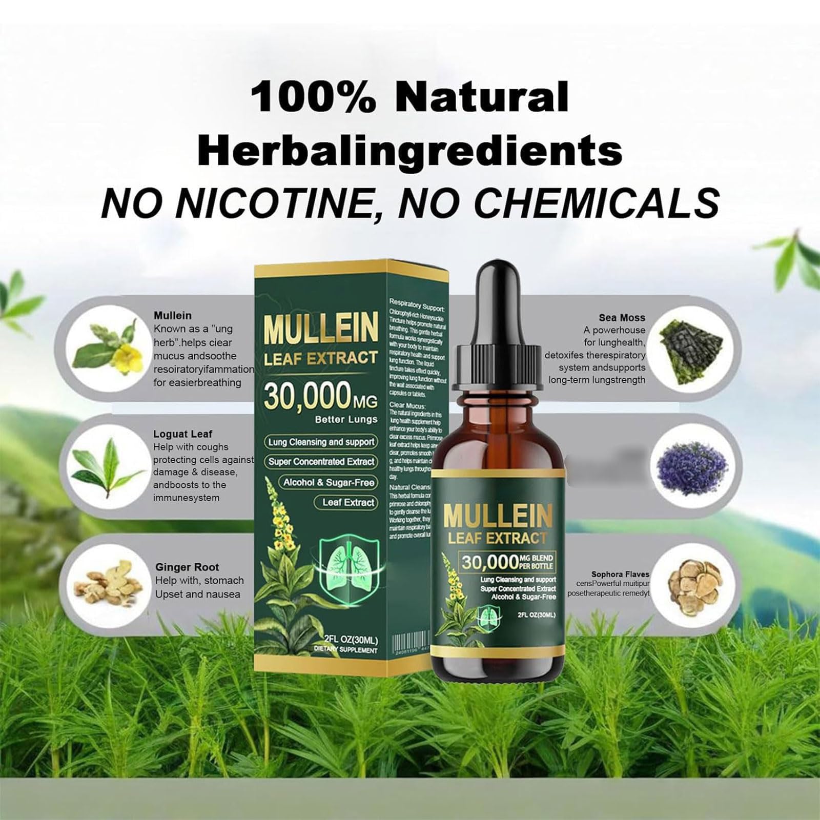 Gotas orgánicas de extracto de hoja de gordolobo para limpieza de pulmón, gotas de gordolobo para pulmones, extracto de hoja de gordolobo para pulmones, limpieza y apoyo respiratorio, fórmula natural