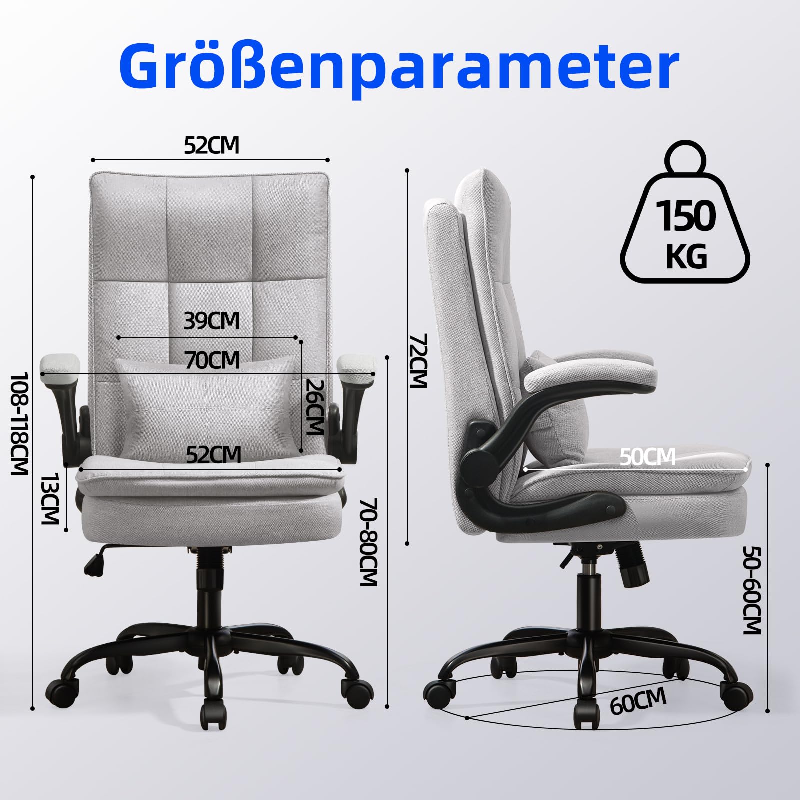 Bürostuhl Ergonomisch [TESTSIEGER] Schreibtischstuhl | Atmungsaktiver Stoff & Hohe Rückenlehne | Höhenverstellbar & Wippfunktion | Chefsessel 150 Kg | Drehstuhl Mit Rollen | PC Stuhl Grau