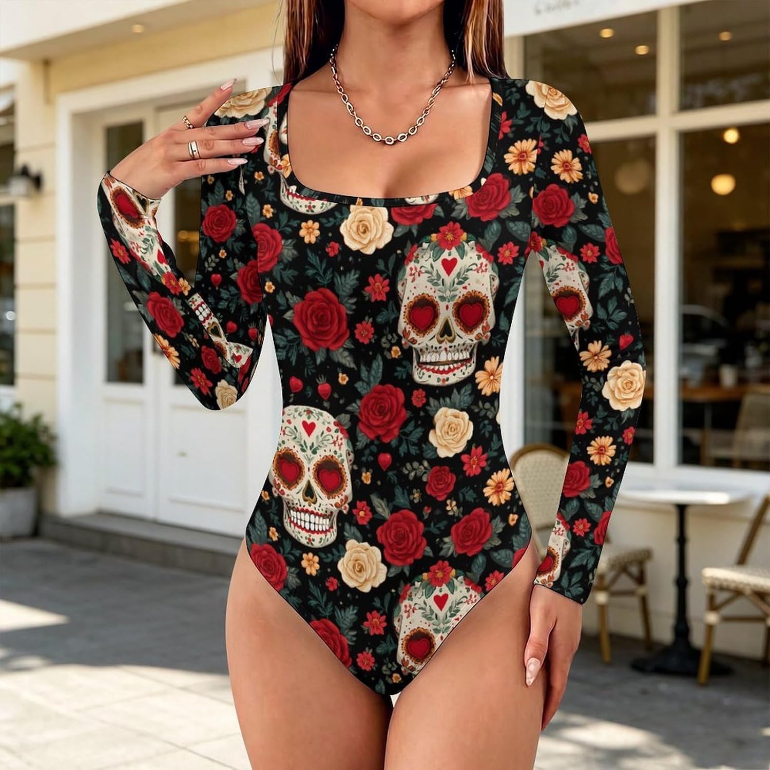 Skull Rose Women's Bodysuits Long Sleeve Top 5XL