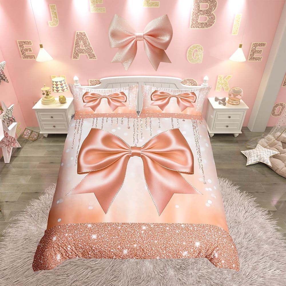 Loussiesd Kids Cute Bowknot Comforter Cover Super King Dreamy Princess Bedding Set Boys Girls Glitter Duvet Cover Watercolor Bow Bedspread Cover Bed Set with 2 Pillow Case