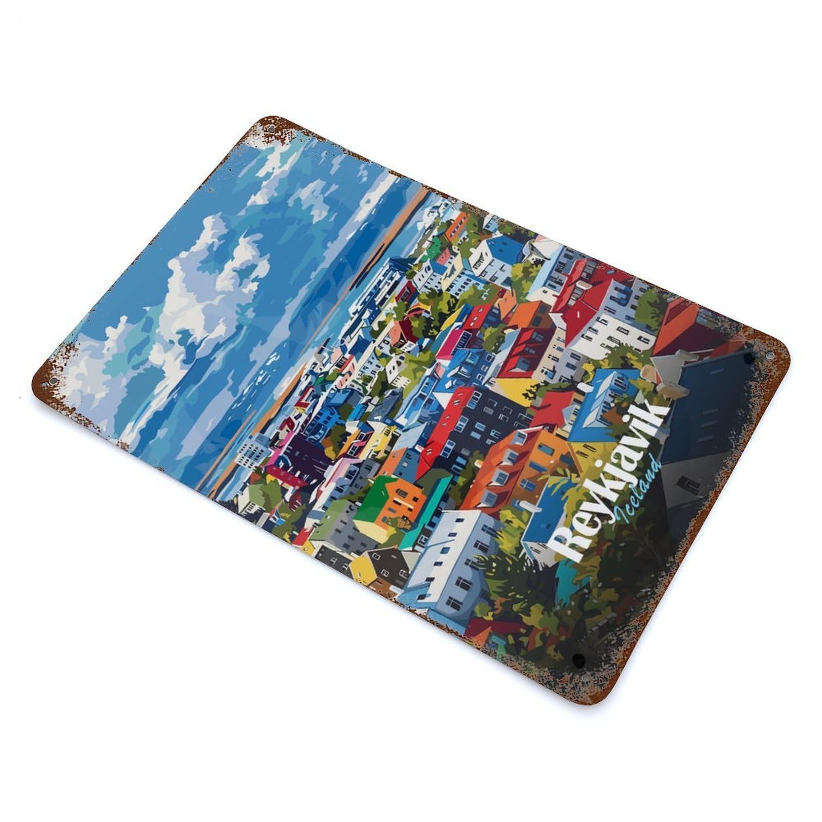 Reykjavik, Iceland Cityscape Art Weathered Tin Sign 11.8"x7.9", Shabby Chic Decor for Garage, Pub Or Kitchen
