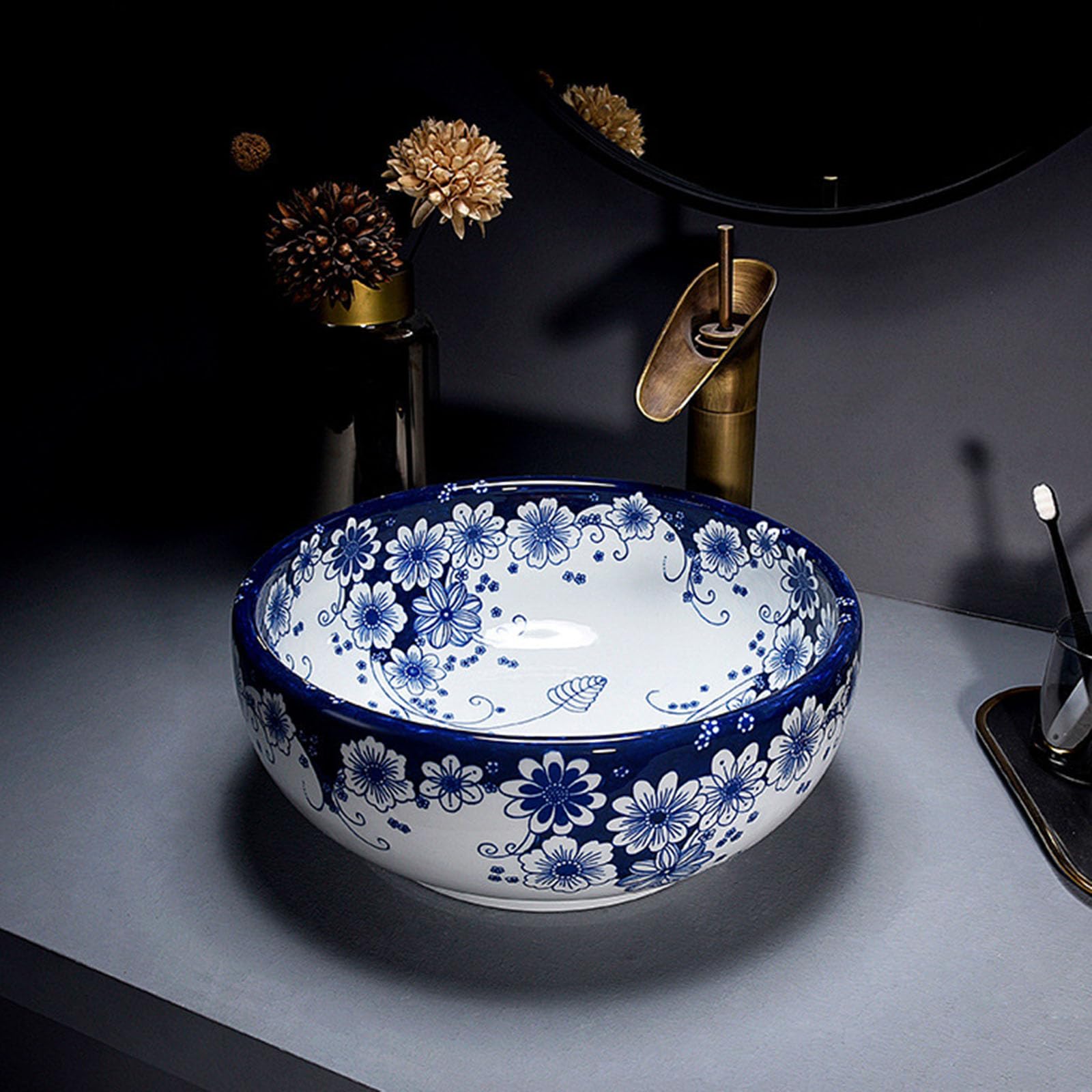 35 Cm Okrągła Umywalka Ceramiczna Nablatowa Z Białym I Niebieskim Wzorem - Nowoczesna Umywalka Nablatowa Do Łazienki, Mała Porcelanowa Umywalka Nablatowa Z Baterią