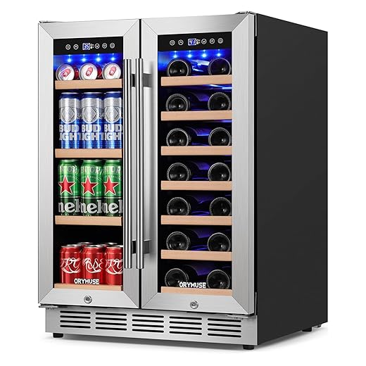 24 Inch Dual Zone Wine and Beverage Refrigerator, Built-in or Freestanding Cooler with French Doors, Under Counter Drink Fridge with Upgraded Compressor for Beer, Wine, and Soda