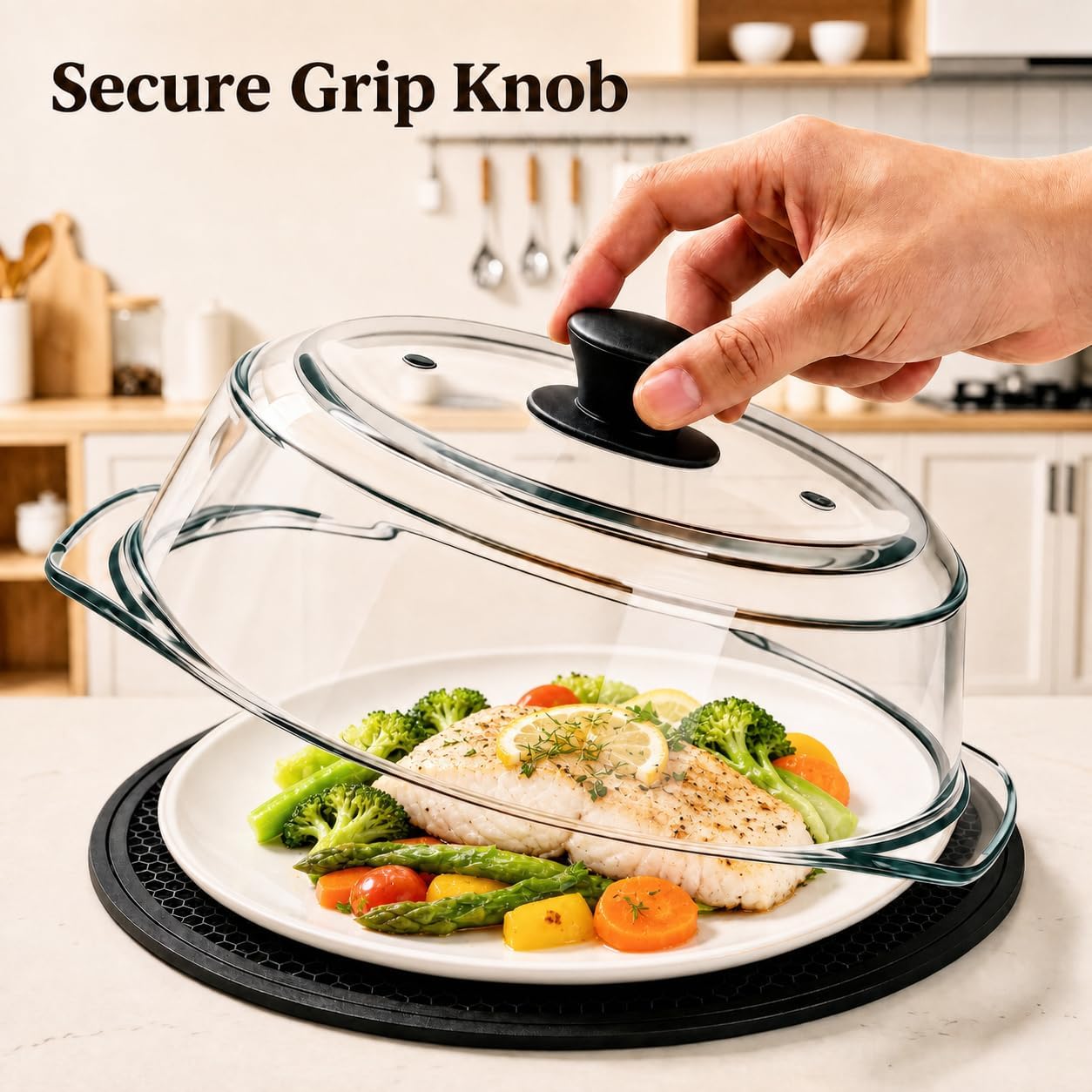 2 in 1, Tall Glass Microwave Splatter Cover with Silicone Mat, Borosilicate Glass Microwave Cover for Food with Vent Holes & Easy Grip Silicone Handle, BPA Free, Dishwasher Safe