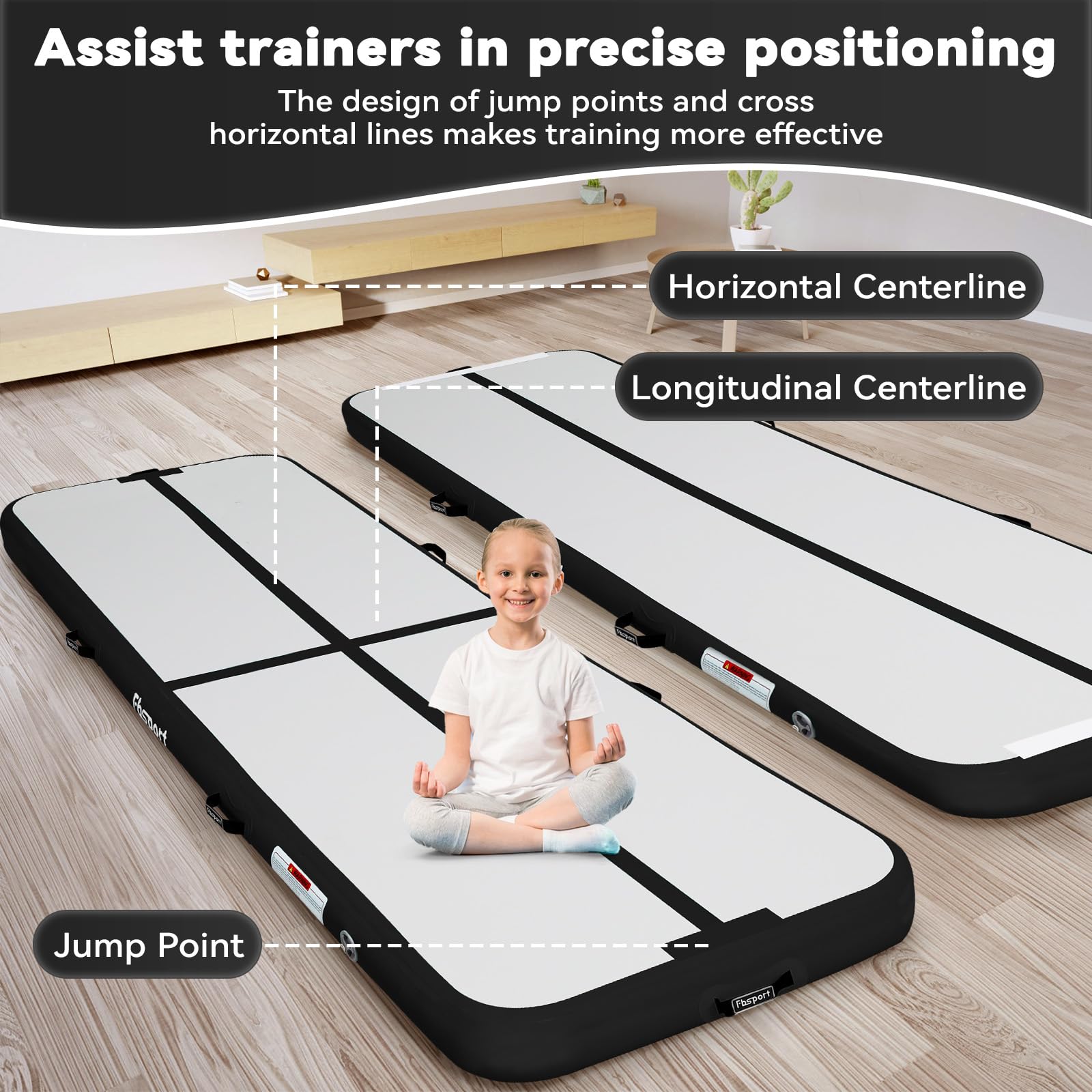FBSPORT Airtrack Matte 3/4/5 m Trainingsmatte, 10/20 cm Dicke Tumbling Matten mit Luftpumpe und Tragetasche, Gymnastikmatte für Zuhause/Yoga/Outdoor/Tumbling/Gym/Training/Cheerleading/Wasser