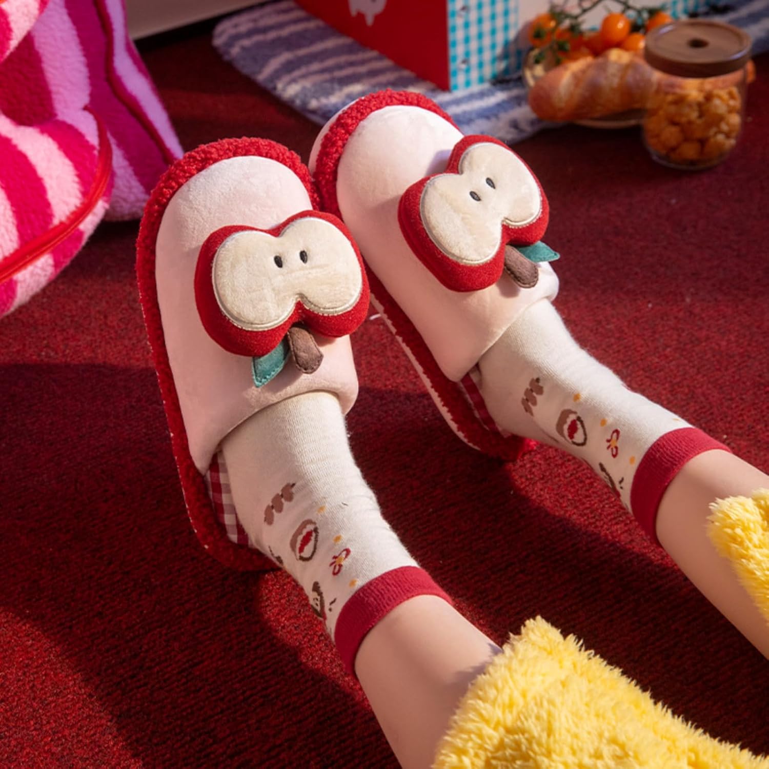 Whimsy Twee Plush Slippers for Women Fuzzy Fluffy Funky Apple Print Slippers Whimsical Aesthetic Cozy Warm Shoes - Image 2