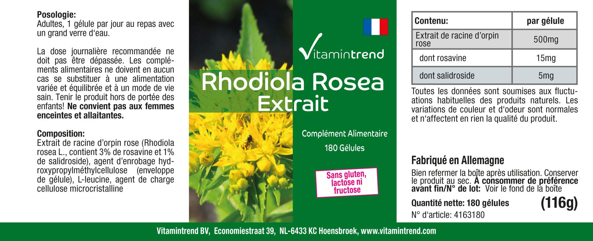 Vitamintrend Rhodiola Rosea Extrakt 500mg Tagesbedarf, 180 Kapseln, schluckfreundlich, hochdosiert, Nahrungsergänzungsmittel vegan ohne Magnesiumstearat, in Deutschland hergestellt