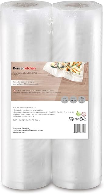 Bonsenkitchen Vacuum Food Sealer Rolls Bags, 2 Packs 28 x 600 cm Storage Bags (Total 12 m), BPA Free, Durable Commercial Customized Size Food Bags for Food Storage and Sous Vide Cooking