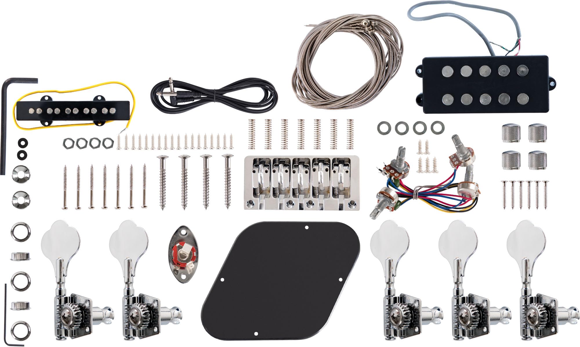 Rocktile Kit Basso Elettrico JBH5-Style - Set DIY per basso con corpo in Paulownia, manico in acero, tastiera in palissandro, 22 tasti, Single Coil + Humbucker, meccaniche cromate - naturale
