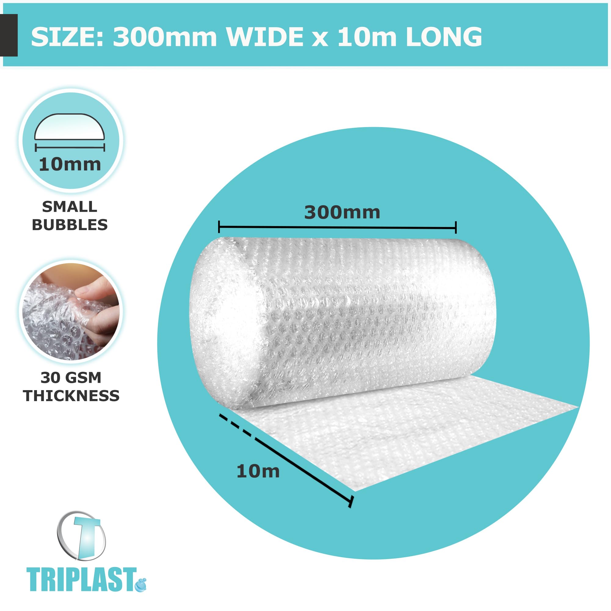 Triplast Bubble Wrap Roll (Pick Any Size: 300mm x 10m) – Strong & Durable Air Bubbles Cushioning for Fragile Items – Packaging Essential for Moving House, Shipping Parcels & Packing Storage Boxes
