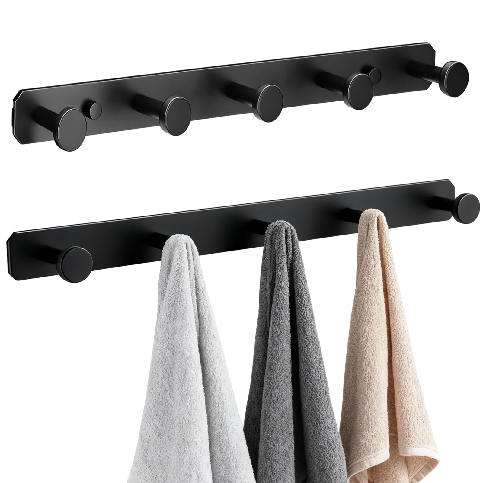 2 Appendiabiti Da Parete Moderni In Alluminio – 5 Ganci Ciascuno – Colore Nero, Lunghezza 43 Cm – Per Bagno, Camera, Cucina, Ingresso - 3