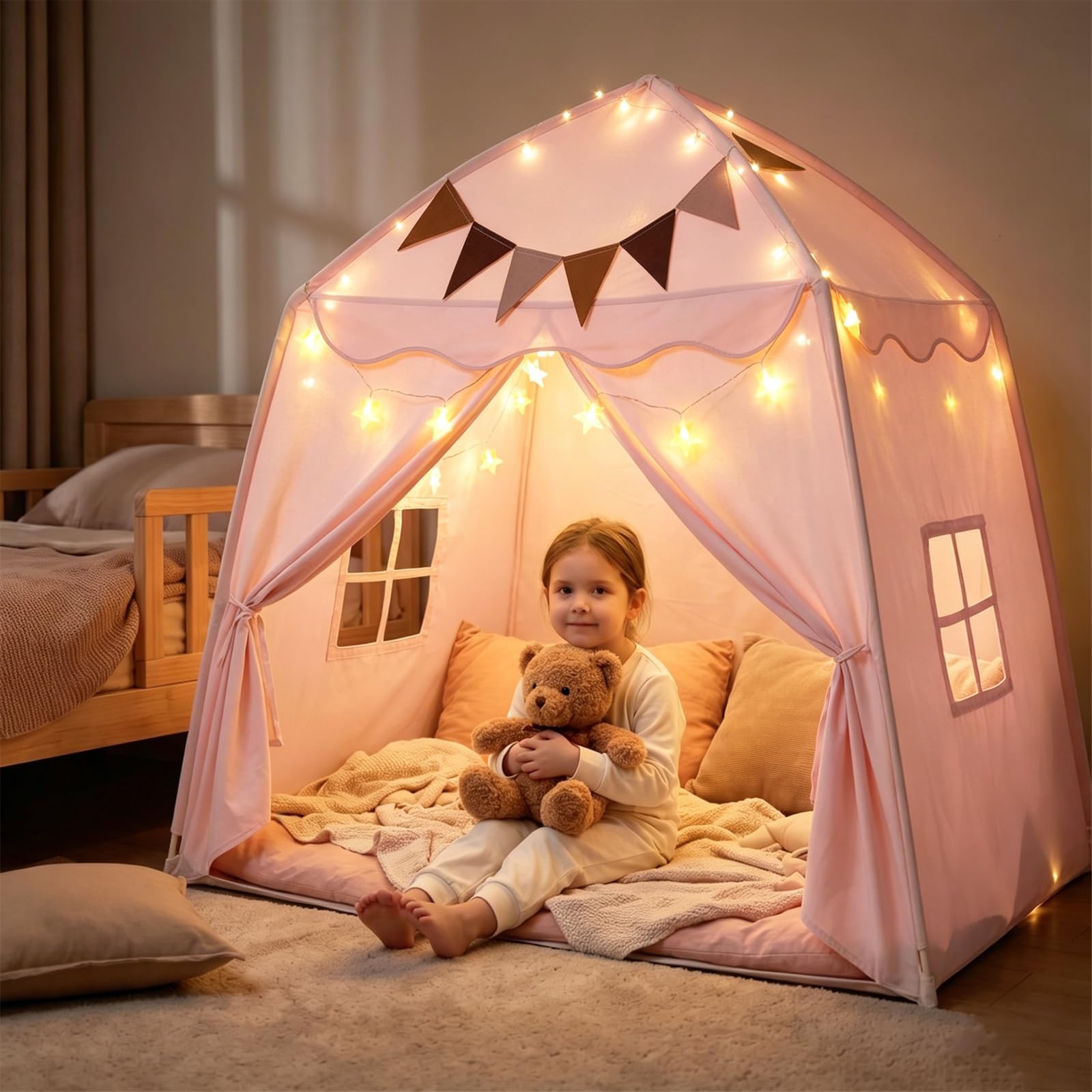 2 IN 1 Kinderzelt Indoor, Spielzelt mit LED-Lichtern und Dekoration, Kinderzimmer Spielhaus Indoor für Schlafzimmer Spielzimmer, Faltbares Spielzelt für Mädchen und Jungen, Rosa