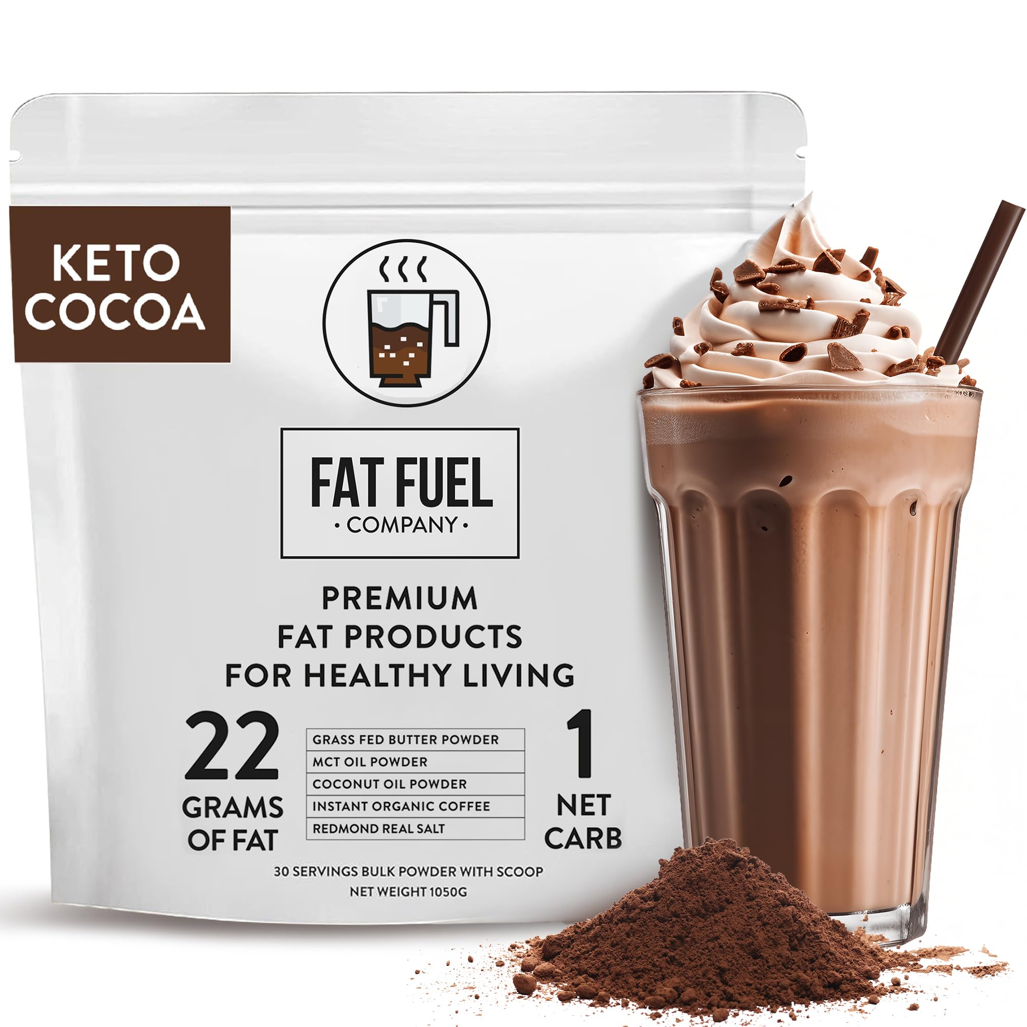 Fat Fuel Keto Cocoa 22g Premium Fats - with Grass Fed Butter, MCT Oil, Coconut & Redmond Real Salt - Instant Organic Cocoa, One Net Carb, A True Meal Replacement - 30 Bulk Powder Servings 30-Day Servings