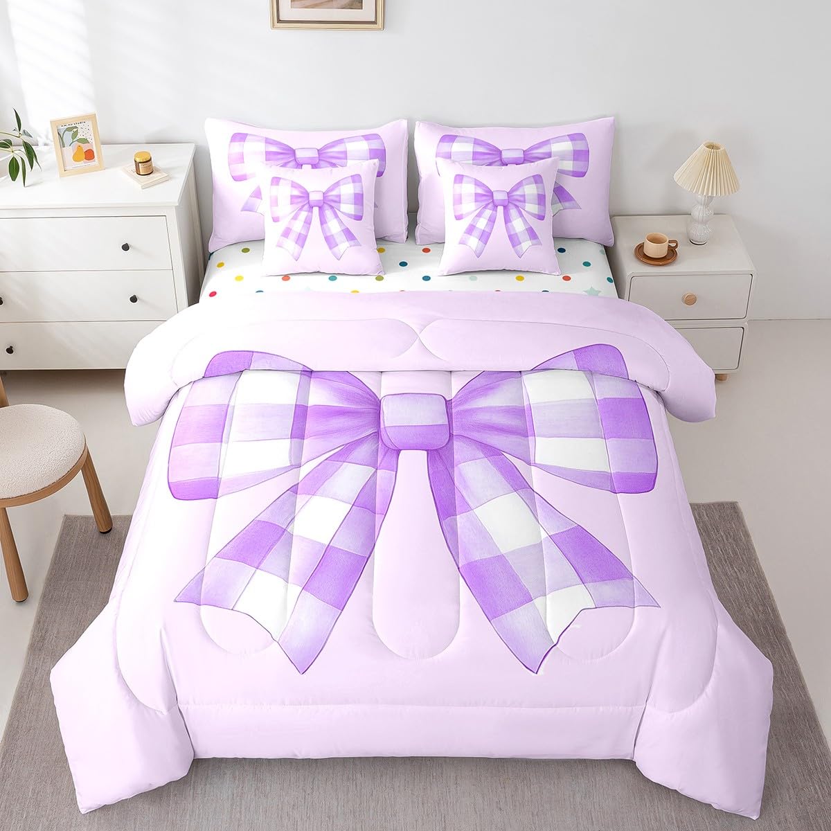 Erosebridal Purple Plaid Bow Twin Comforter Set 7 Piece Kids Bowknot Princess Bedding Set,Cute Kawaii Bow Bed in A Bag for Boys Girls,Dreamy Aesthetic Bowknot Purple Sheet Set with Comforter