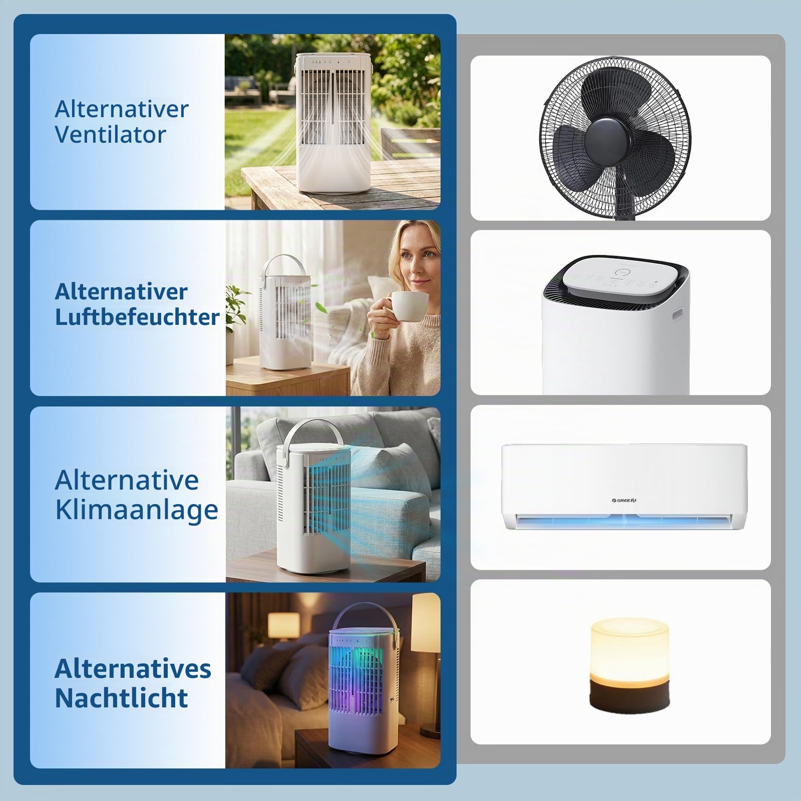 Mobile Klimaanlage, 120° Oszillation klimaanlage mobil, USB 4 in 1 klimaanlage ohne abluftschlauch mit 2/4 H Timer, 3 Geschwindigkeiten & 3 Nebelmodi, 7 Farben Mini Klimaanlage für Hause, Büro