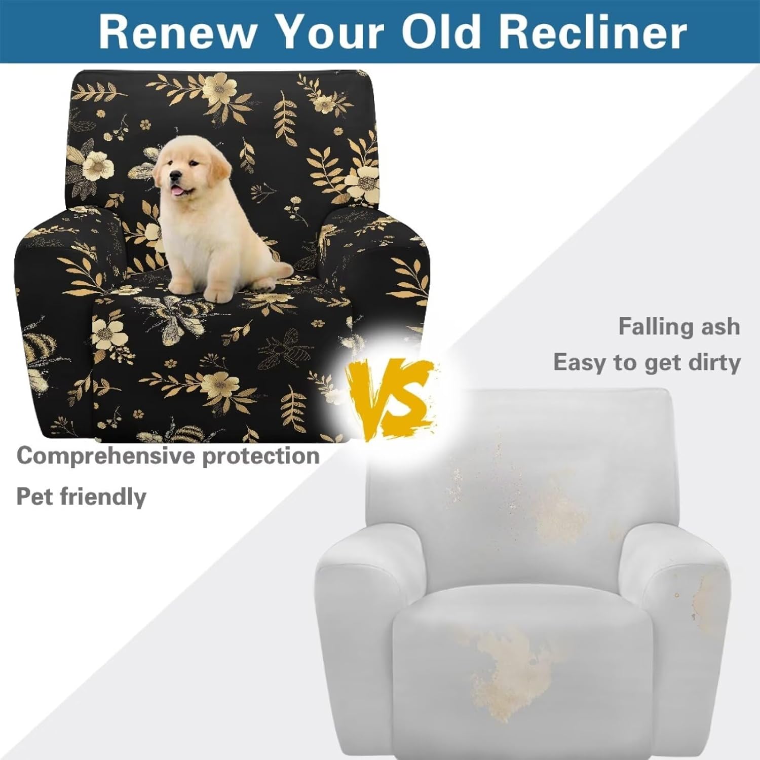 Floral Leaf Bee Print Black Recliner Chair Cover, Stretch Non Slip Recliner Couch Covers, Thick Soft 4-Pieces Recliner Cover Fitted Reclining Chair Slipcovers for Living Room