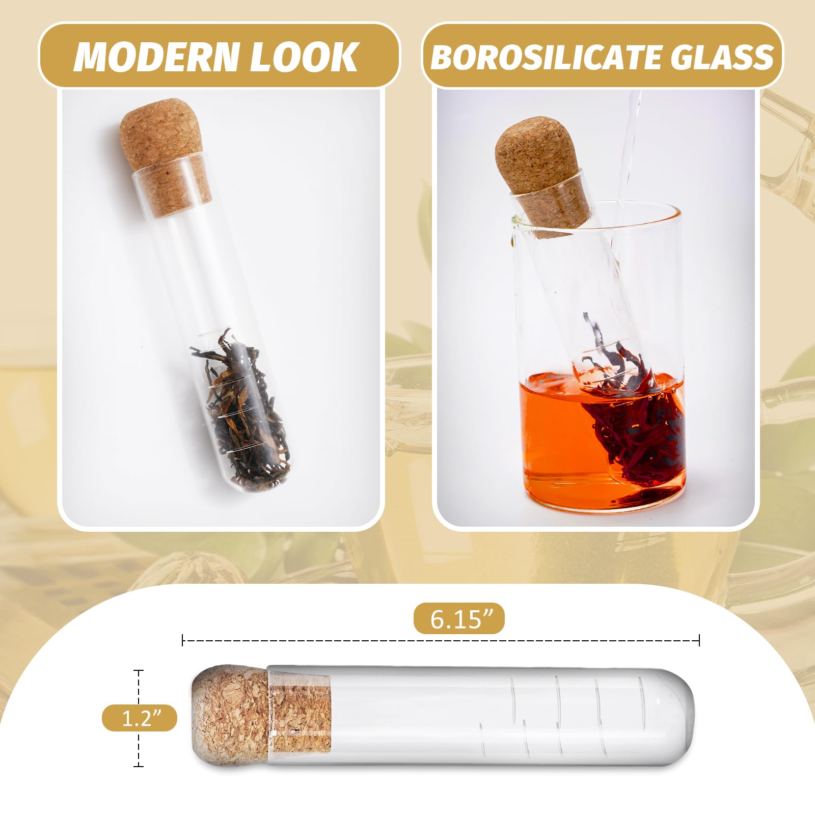 4 Passoires à Thé En Verre Transparent Avec Filtre En Liège - Pour Thé En Vrac, Réutilisables, Longueur 15,5 Cm