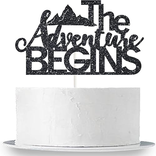 Miniatura 1 de The Adventure Begins - Decoración para tartas, decoración de tartas de fiesta negra con purpurina para parejas, aventuras, aventuras, viajes,