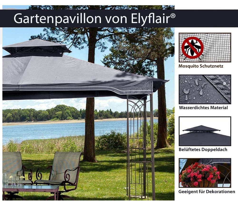 Pawilon ogrodowy 4 x 3 mm, wodoszczelny, odporny na warunki atmosferyczne metal i w 100% materiał hydrofobowy, podwójny dach dla lepszego dopływu powietrza, z siatką przeciw owadom, z pierścieniami do roślin (szary)