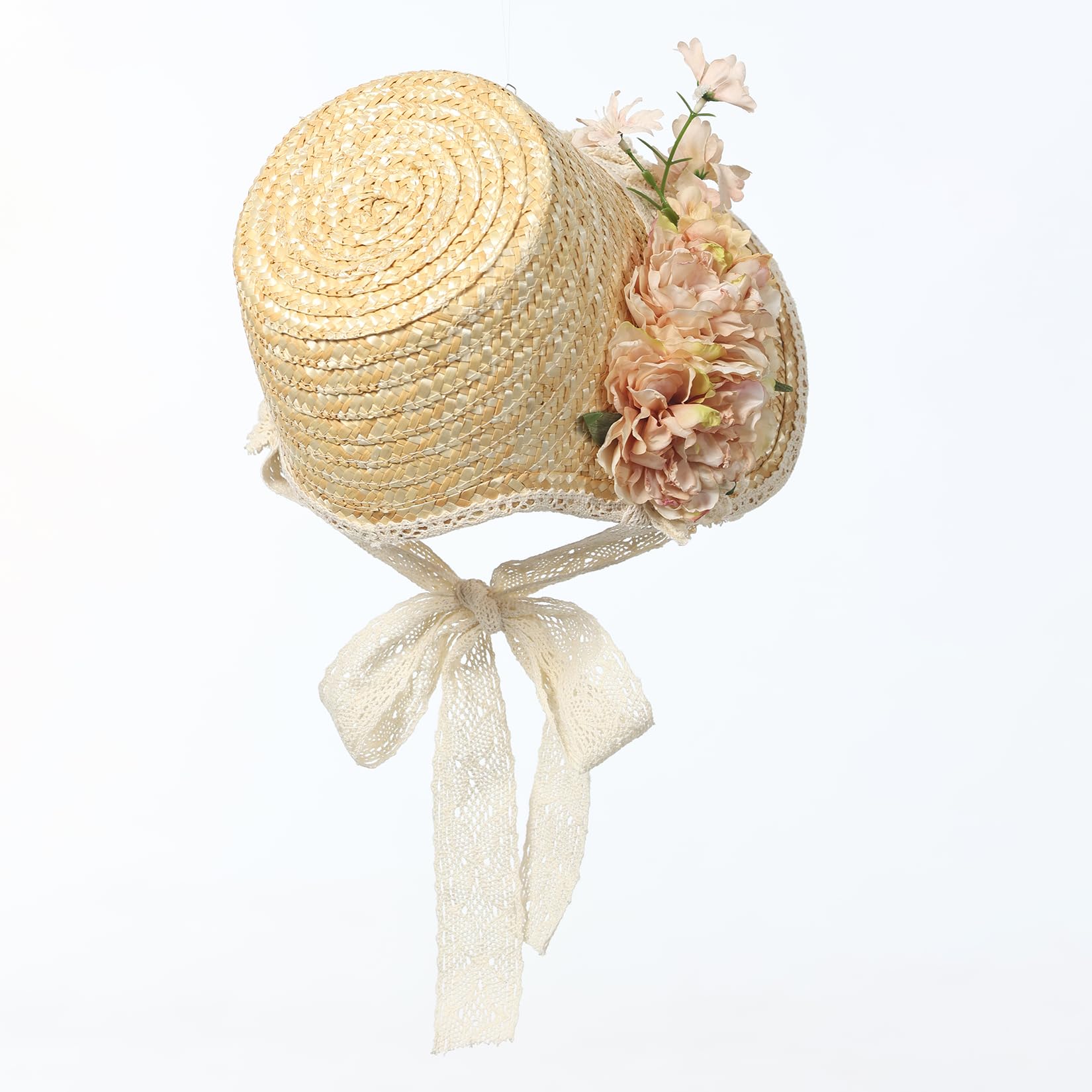 CAMDOM Sombrero Victoriano para Mujer, para Fiesta de té, con Lazos, Flores, Sombrero de Paja Plano, Color marrón