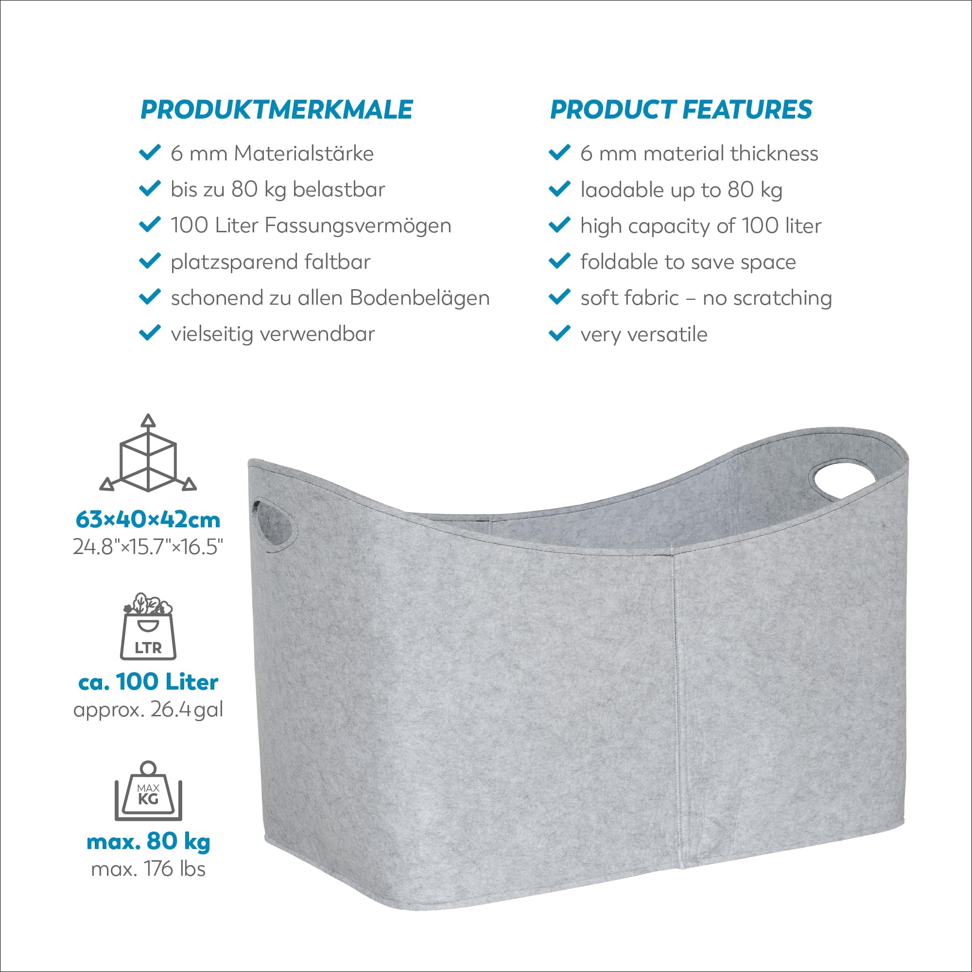 Rubberneck Borsa per tronchi in feltro XXL - Stoccaggio per legna da ardere, riviste, 63 x 40 x 42 cm (grigio)