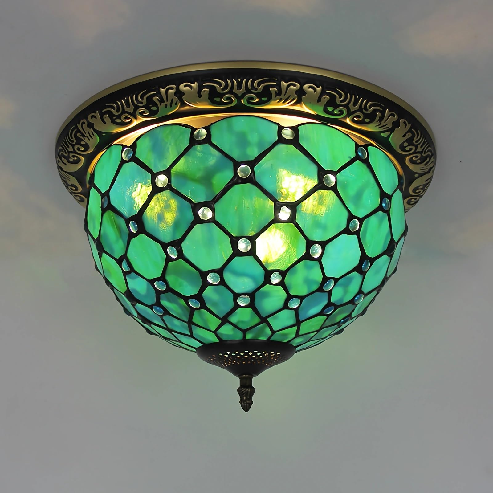 WDBZTJ Tiffany Style Ceiling Light Flush Mount, 15 inch Stained Glass Ceiling Lamp, E27 Bulb, Vintage LED Chandeliers for Living Room Bedroom(F4)