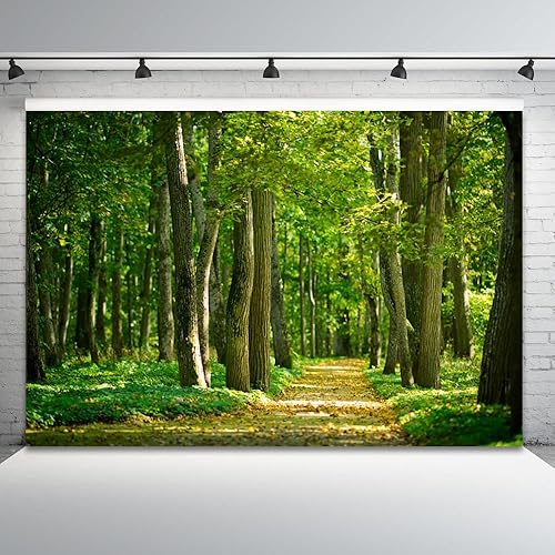 Miniatura 2 de Telón de fondo de bosque verde de primavera de 6 x 4 pies para fotografía de árboles verdes de selva perenne, fondo de camino para camping,