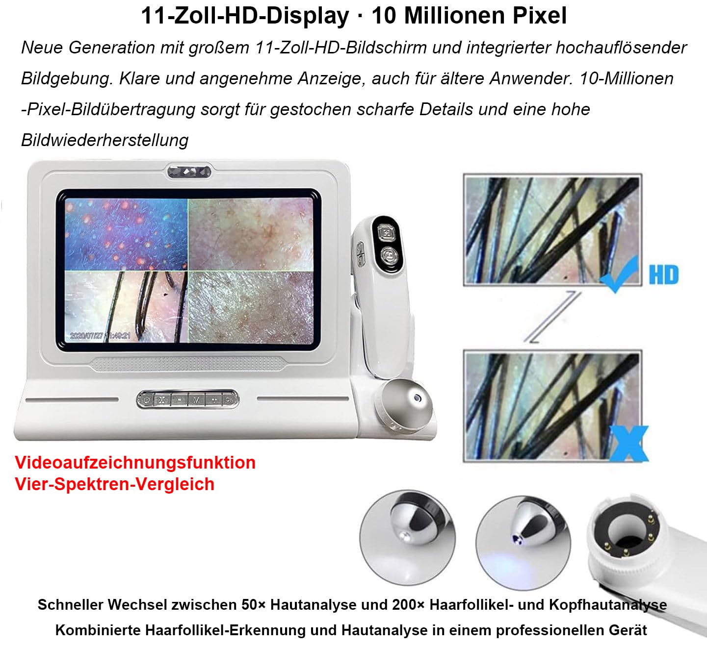 2026 Haut und Kopfhaut Analysegerät 11 Zoll HD Display Haar Kopfhaut Kamera 200x und 50x Vergrösserung UV Licht Polarisationslicht Vier Bilder Vergleich Haarfollikel Detektor Profi Salon Klinik