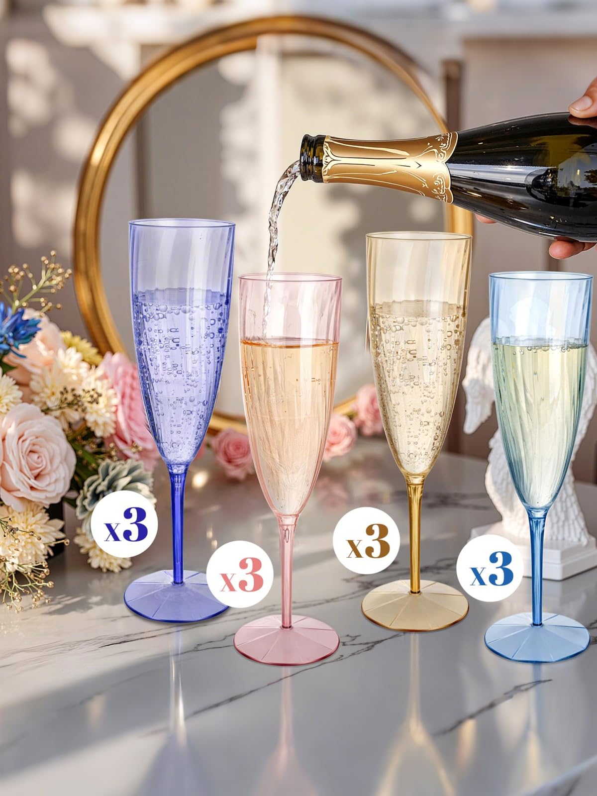 WDF Paquete de 12 copas de champán de plástico coloridas, copas de champán desechables de alta calidad, suministros de fiesta para bodas, cumpleaños y fiestas