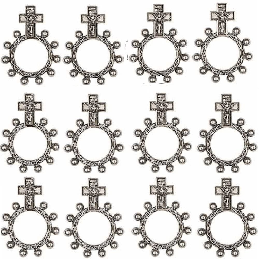 HengulusBulk Religious Silver Tone Metal Rosary Ring, Pack of 12