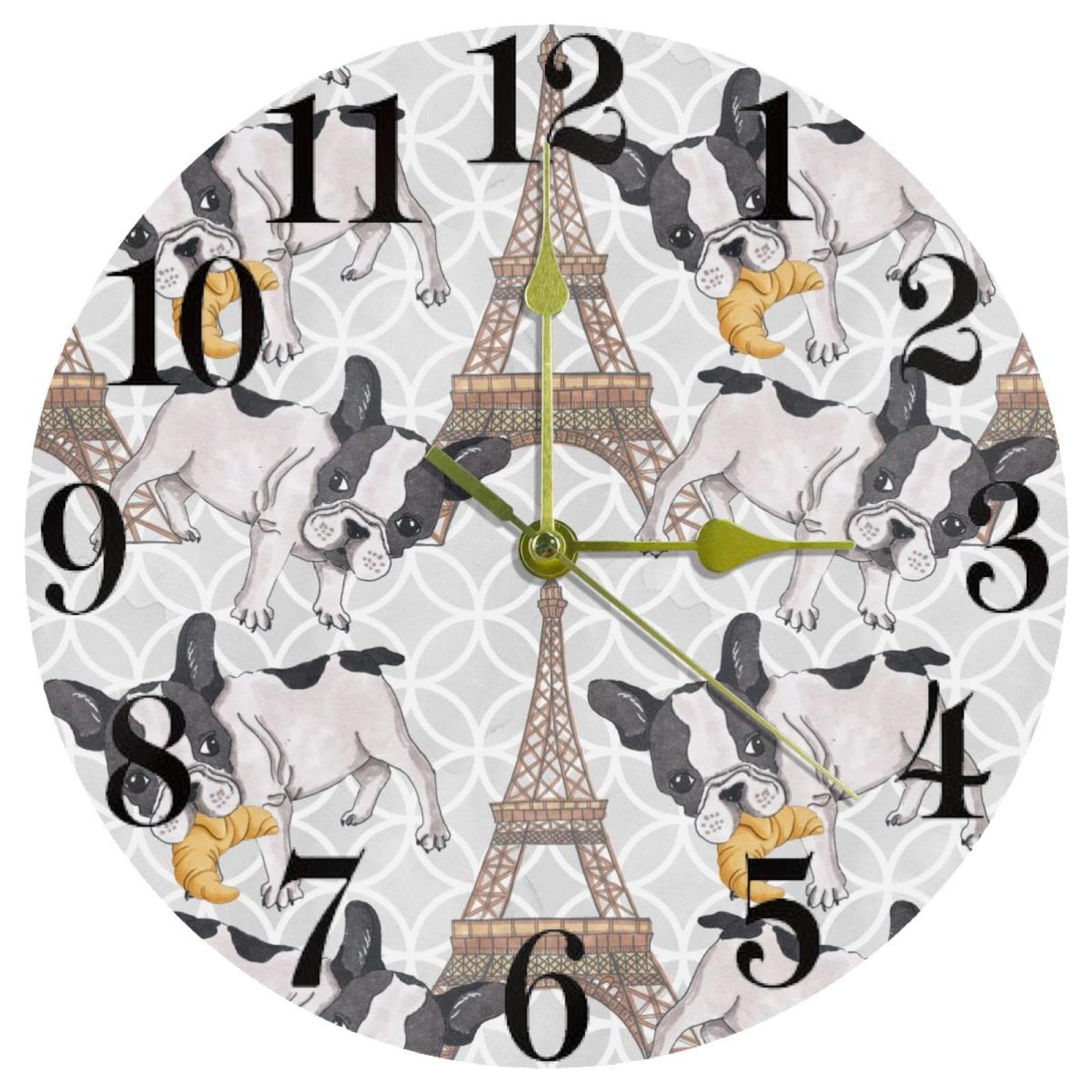 Horloge murale ronde bouledogue français Tour Eiffel montre à quartz silencieuse à pile