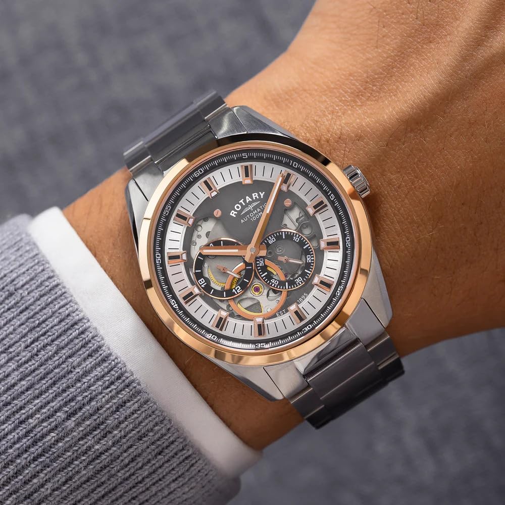 Rotary Seamatic Eclipse - Orologio da polso da uomo, resistente all'acqua fino a 100 m, placcato in oro rosa e argento